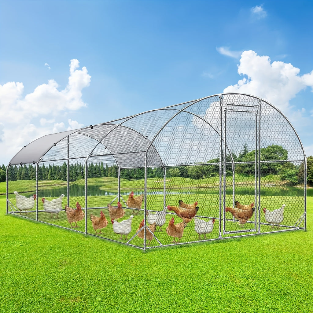 Metal Chicken Coop with UV-Resistant Cover, Walk-In Outdoor Poultry Enclosure for Backyard Hens with Flat, Dome or Spire Roof Options