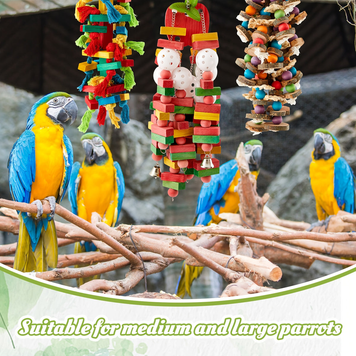 Large Parrot Chew Toys 3 Pack, Colorful Wooden Block and Ball Hanging Cage Toys for Macaws, Cockatoos and African Greys, CUNNO Bird Enrichment Set