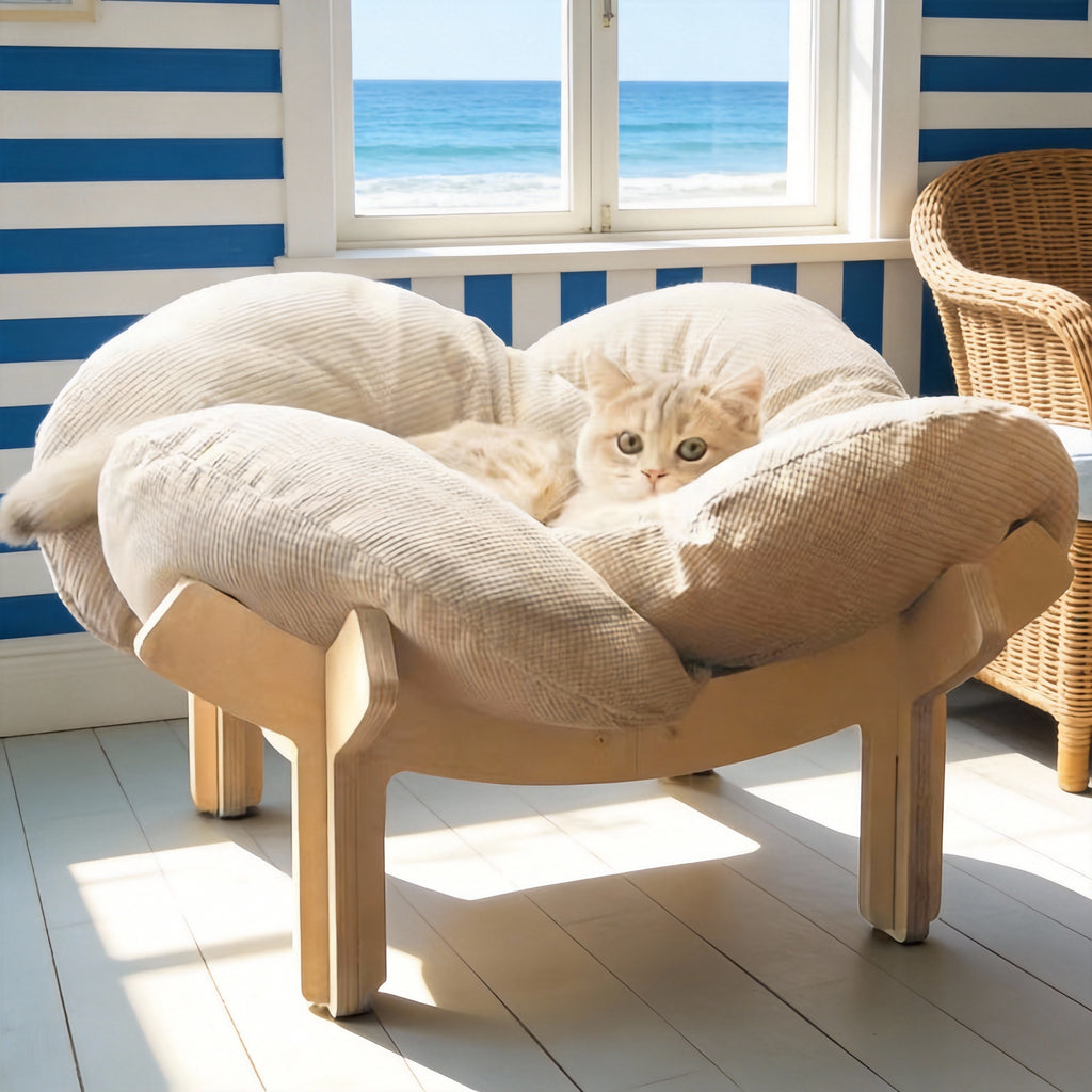 Raised Wooden Cat Bed with Sky Blue Cushion, Solid Wood High-Leg Pet Sofa for Cats and Small Dogs, Includes Assembly Hardware and Tools