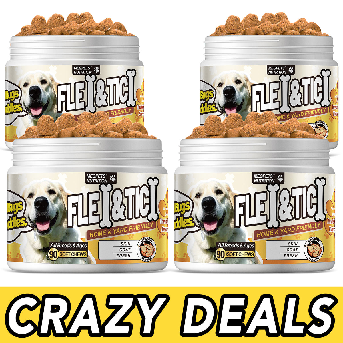 Dog Supplement Chews 4-Pack, 360 Chicken Flavor Soft Chews with Coconut Oil, Brewer's Yeast, Omega-3 and Vitamins for Canine Care Routines