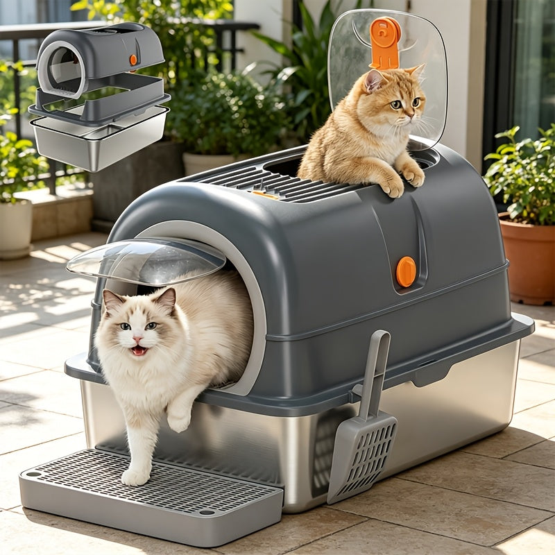 Front Entry Top Exit Stainless Steel Litter Box with Lid, Extra Large Black Enclosed Cat Toilet with Convertible Cover, Litter Scoop and Mat