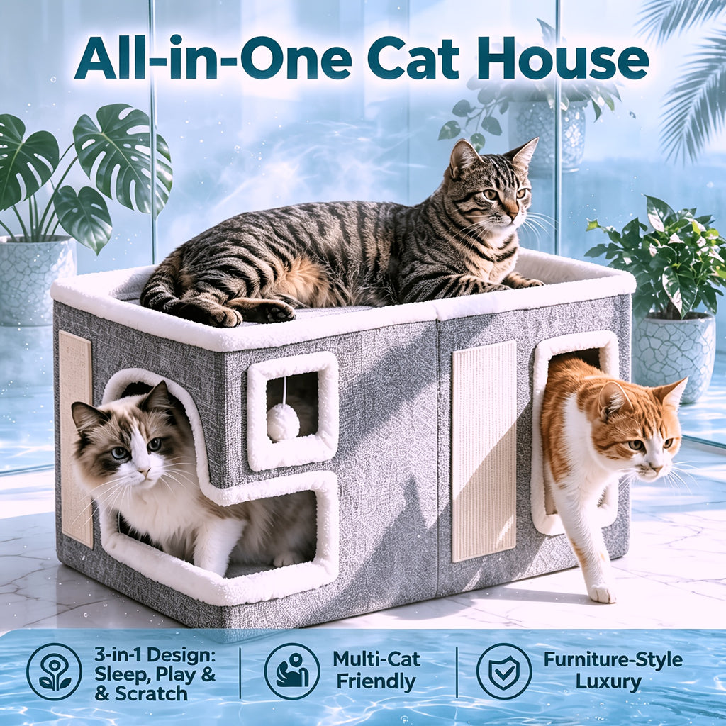 Cat House with Scratching Box, Large Light Gray 3-in-1 Indoor Cat Condo Cube with Wooden Structure and Ottoman-Style Hideaway for Sleep and Play