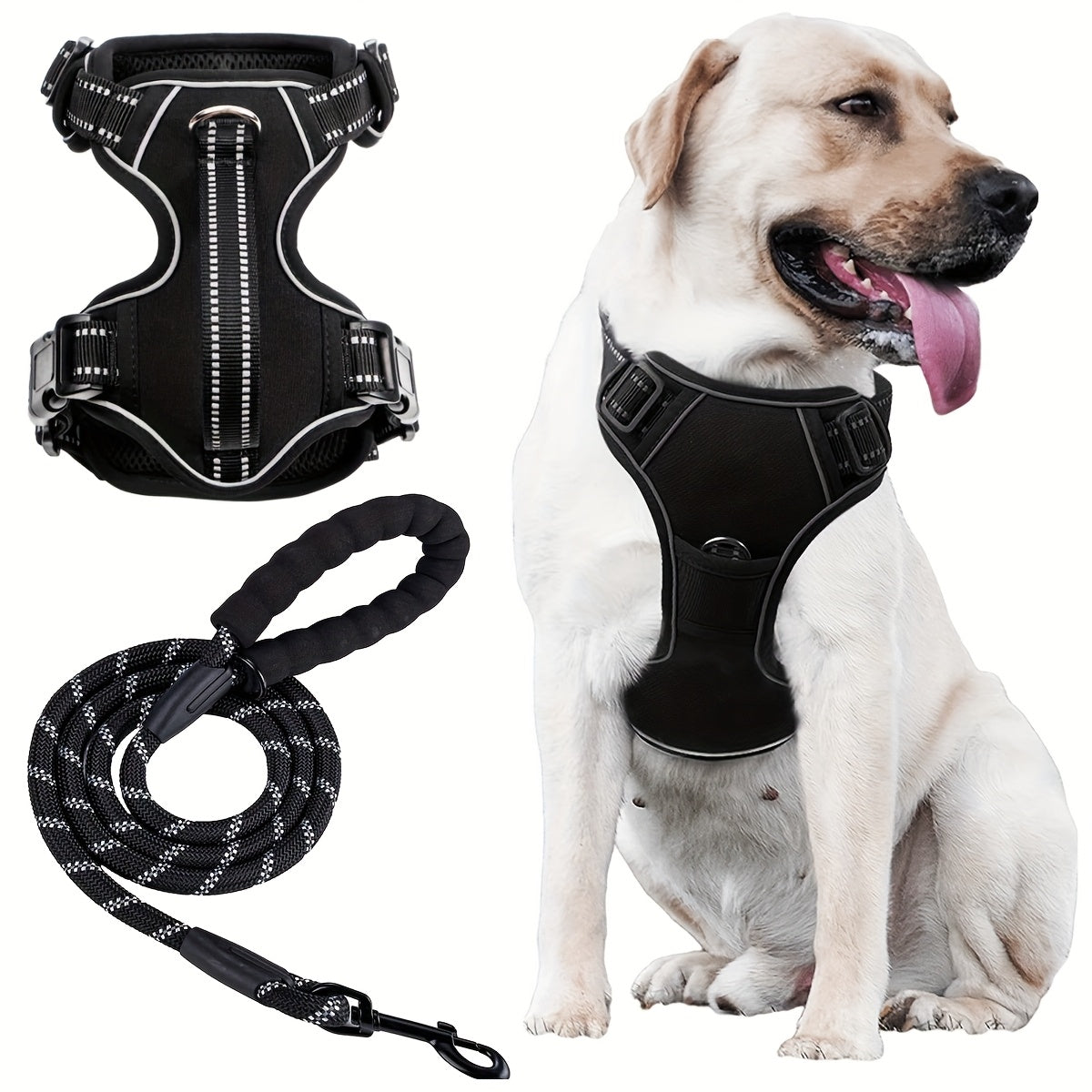 Dog Harness and 5ft Leash Bundle, Adjustable Reflective Walking Vest in Black, Blue or Red, S-XL Sizes for Everyday Walks and Training