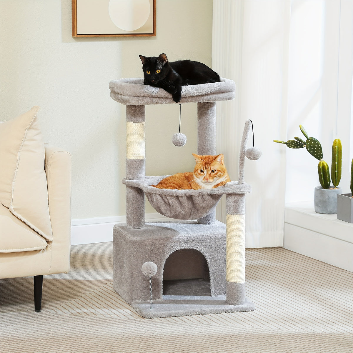 Cat Tower with Deep Hammock and Top Perch, 4-in-1 Indoor Cat Tree Listing with Condo and Scratching Post, Color and Size-Labeled Model Options