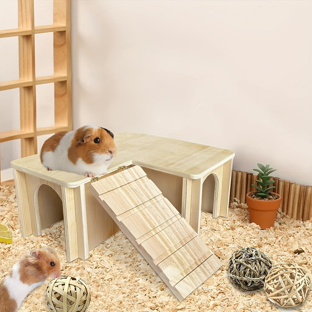Guinea Pig Castle Hideout with Multiple Chambers and Ladder, Wooden Small Animal House for Habitat Exploration and Rest, 11.8 x 11.8 x 6.41 Inches