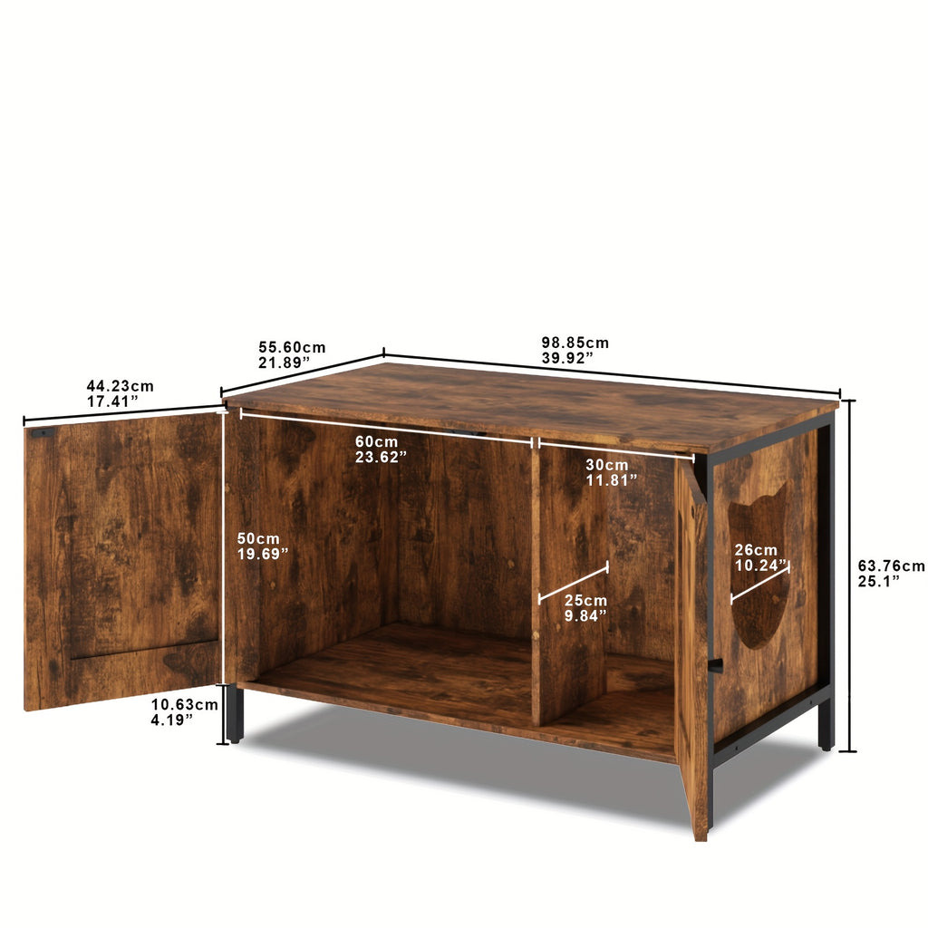Cat Litter Box Enclosure with Removable Divider, Retro Brown Hidden Litter Furniture and Cat Hideout End Table for Pet Supply Storage
