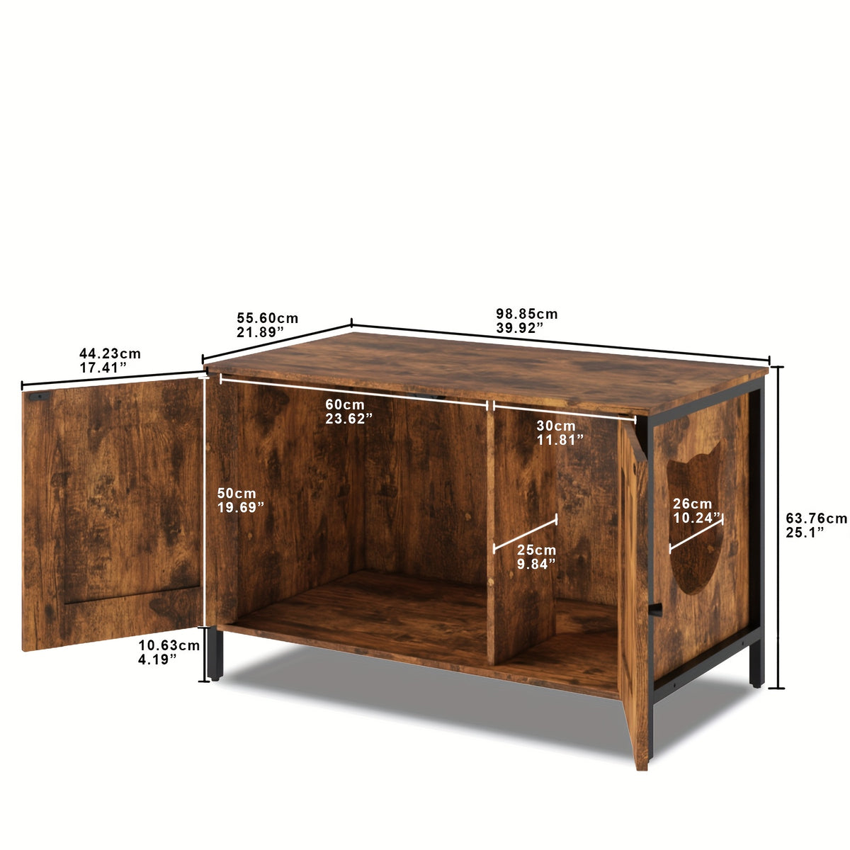 Cat Litter Box Enclosure with Removable Divider, Retro Brown Hidden Litter Furniture and Cat Hideout End Table for Pet Supply Storage