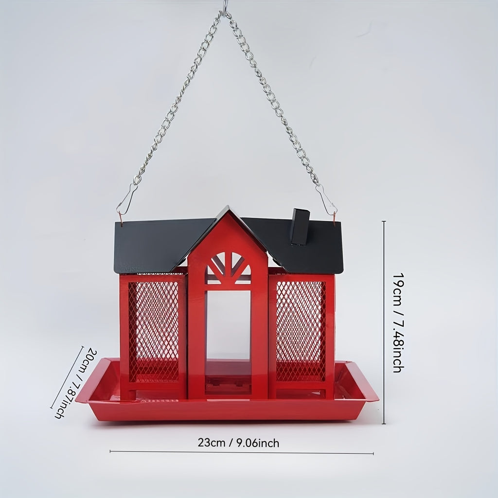 Metal Mesh Wild Bird Feeder with Triple Feeding Areas, Large Capacity Backyard Feeding Station with Black Roof and White or Red Wall Options