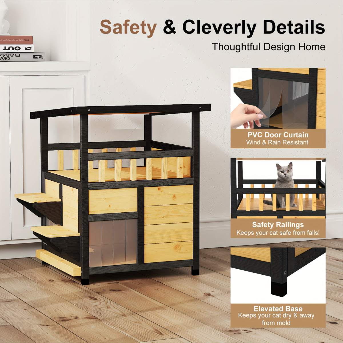 Two-Story Wooden Cat House in Yellow and Black, Indoor Pet Shelter and Apartment for Everyday Rest, Listed for Small and Medium Pets