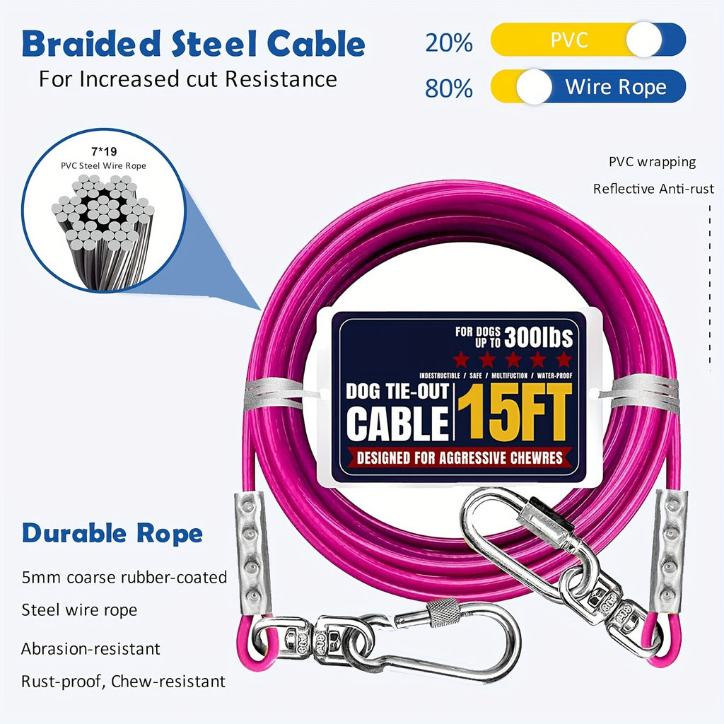 Heavy Duty Dog Tie Out Cable with Swivel Hooks, Steel Wire Yard Lead for Supervised Outdoor Use, Blue, Magenta or Black in S, M and L Options