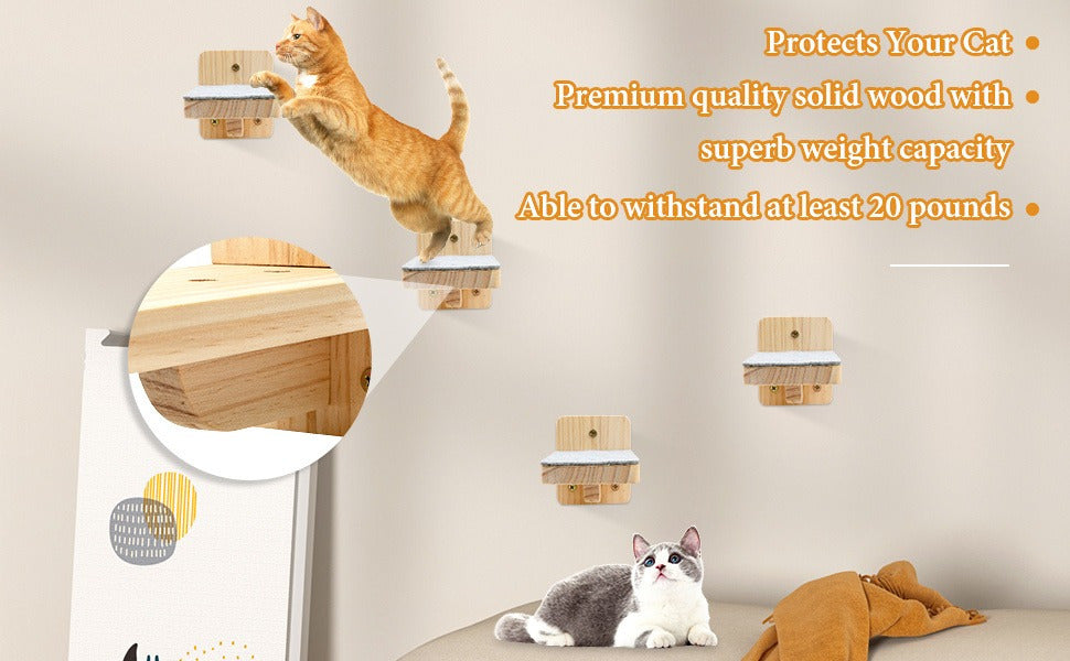 Corner Cat Shelves with 4 Climbing Steps, 13 x 13 Inch Wall-Mounted Wooden Cat Bed with 6 Felt Pads for Small and Medium Indoor Cats