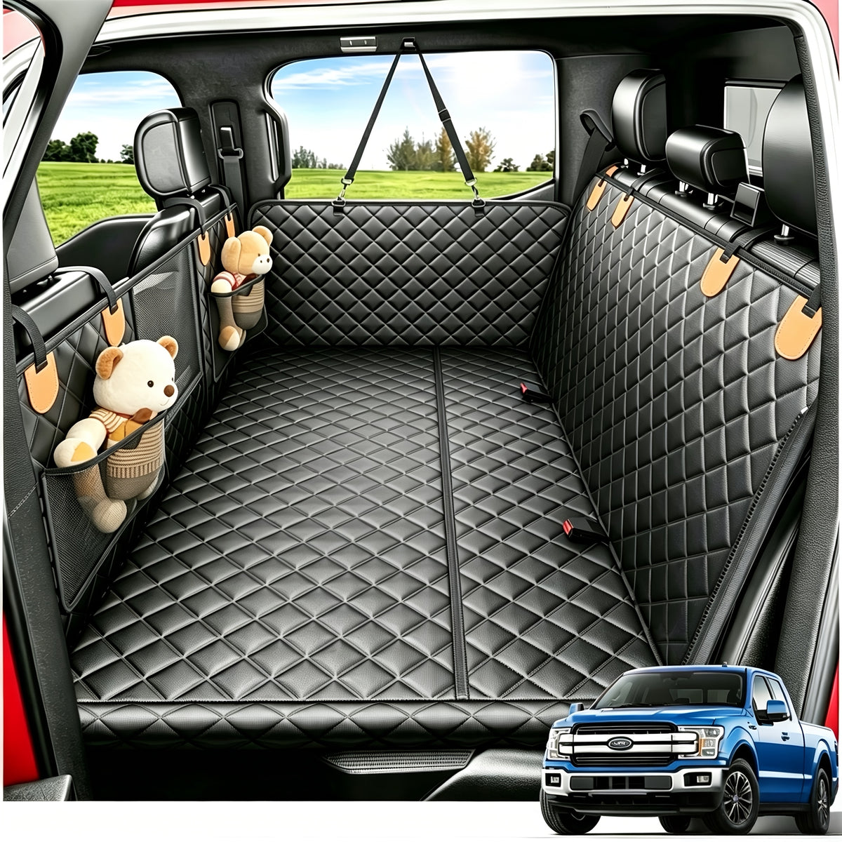 Back Seat Extender for Dogs with Hard Bottom, Black Quilted Car Seat Cover Hammock with Mesh Window and Storage Pockets for Compatible Cars, SUVs and Trucks