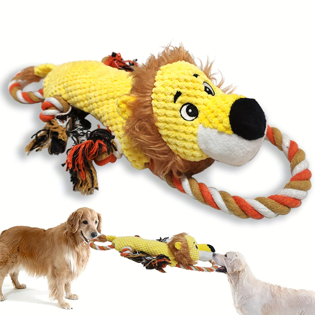 Squeaky Tug Dog Toy with Rope Loops and Plush Animal Body, Dog, Dinosaur or Lion Styles for Supervised Gentle Tug, Fetch and Indoor Play