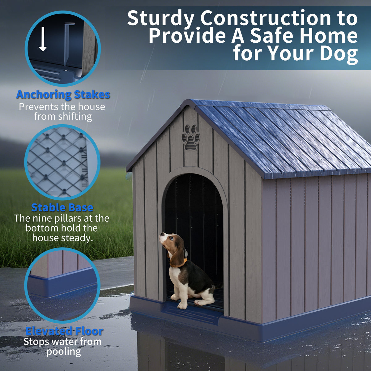Outdoor Dog House 38 Inch in Blue, Resin Pet Shelter with Peaked Roof, Raised Floor and Decorative Cut-Outs for Indoor and Backyard Use