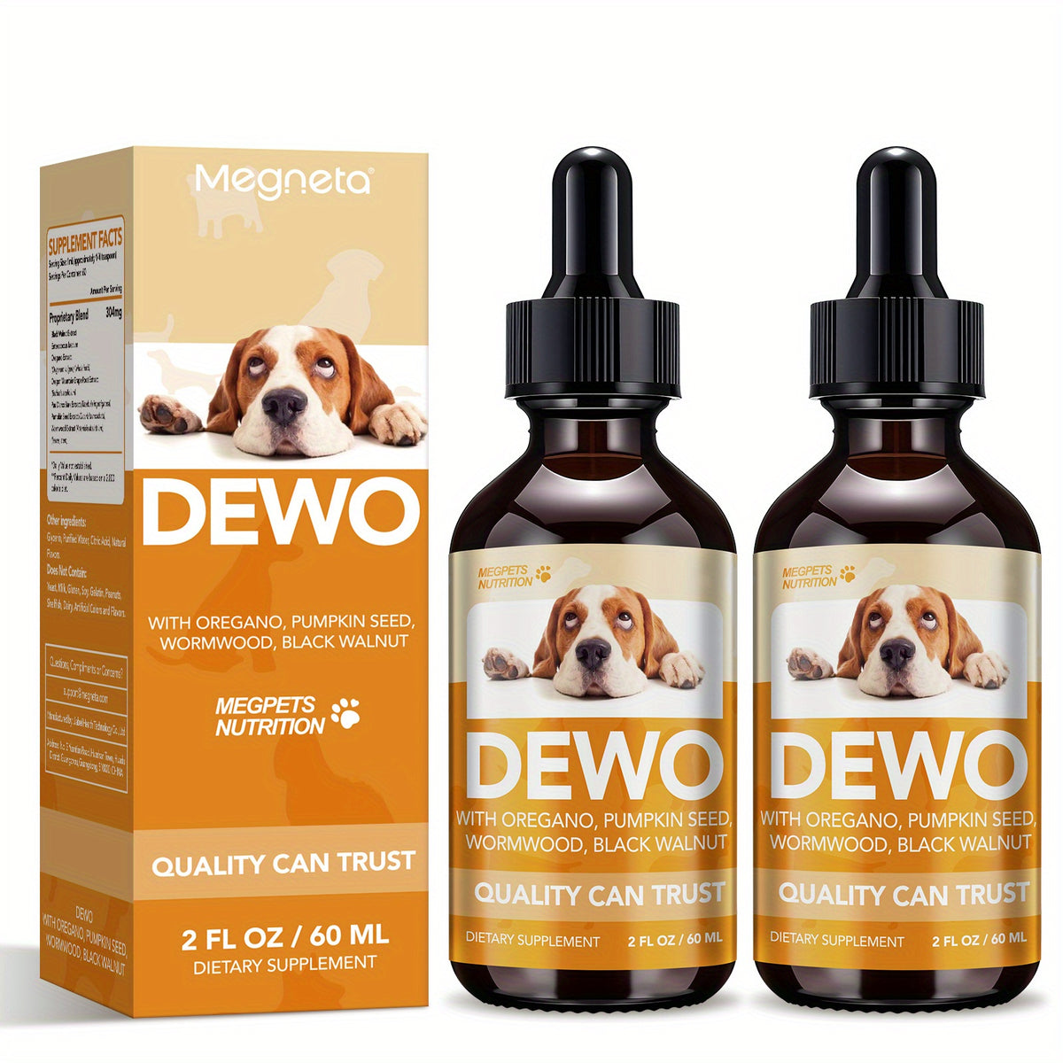 Herbal Pet Supplement Drops for Dogs and Cats, 2 fl oz Liquid Formula with Wormwood, Black Walnut and Pumpkin Seed, One to Three Bottle Options