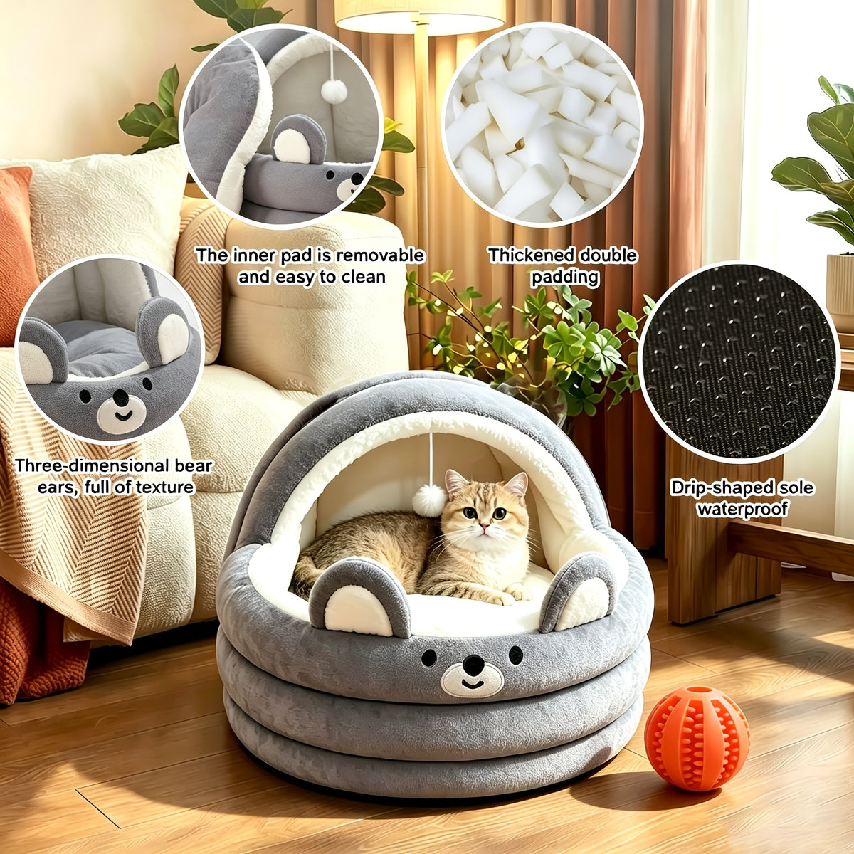 Circular Cat Sleeping Bed with Toy Balls, Soft All-Season Pet Resting Nest for Cats and Small Dogs, Grey Pink or Brown with Three Listed Size Options