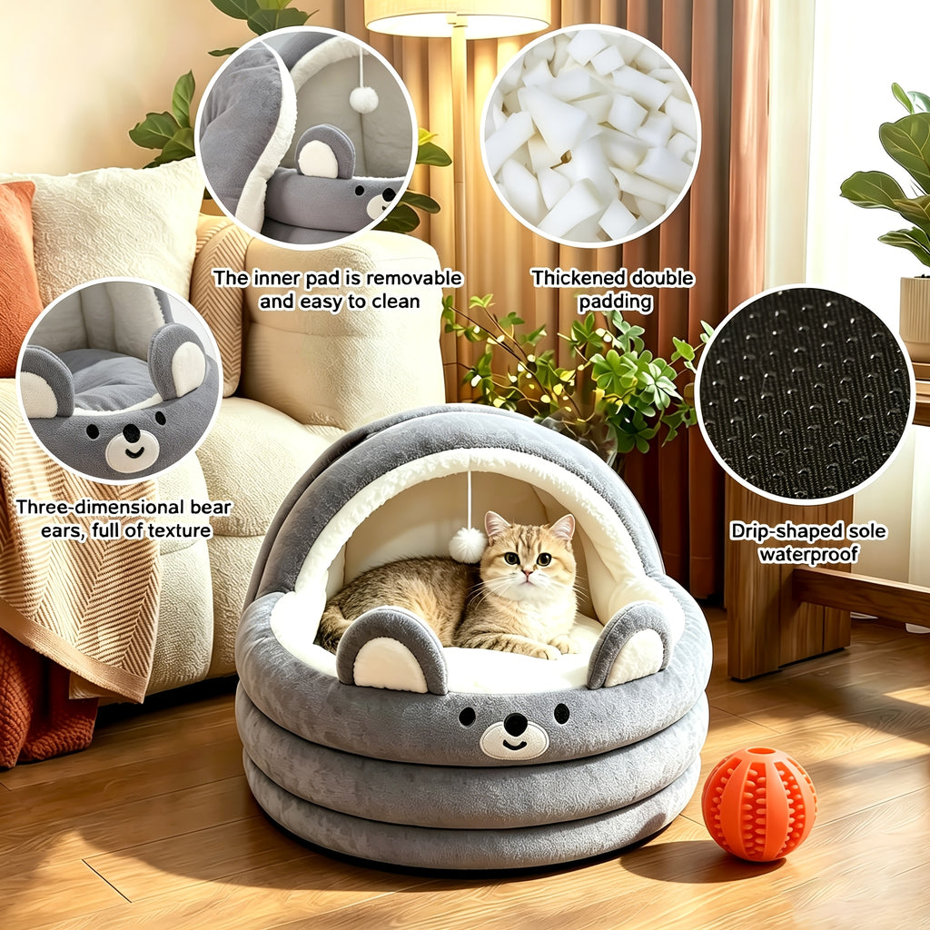 Circular Cat Sleeping Bed with Toy Balls, Soft All-Season Pet Resting Nest for Cats and Small Dogs, Grey Pink or Brown with Three Listed Size Options