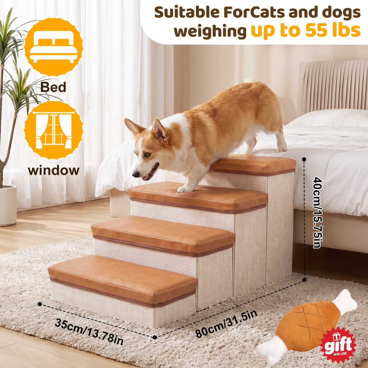 Foldable Dog Stairs with Storage Ottoman Design, Soft Cushioned Non-Slip Pet Steps for Bed and Couch, 3/4-Step Styles with Chicken Leg Plush Toy