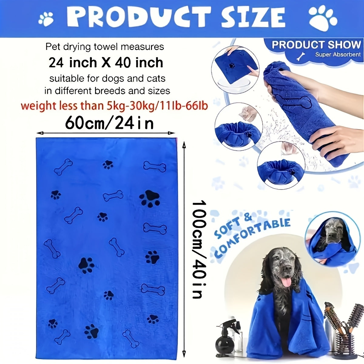 Microfiber Pet Towels 3-Pack, Soft Absorbent Quick-Drying Medium Bath Towels for Dog and Cat Grooming, Post-Bath Drying and Everyday Paw Cleanup