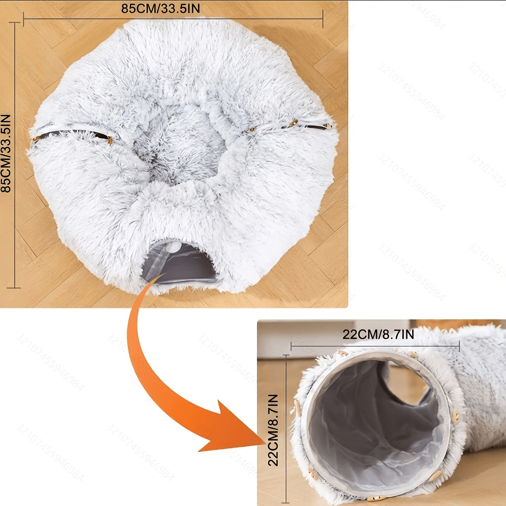 Cat Tunnel Bed with Plush Donut Hideaway, Winter Cozy 2-in-1 Indoor Cat Cave with Hanging Pom-Pom Toys and Thickened Non-Slip Bottom