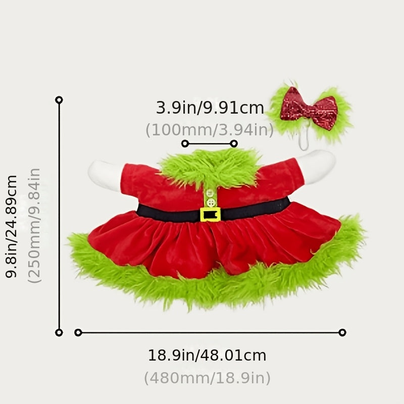 Christmas Porch Goose Outfit for 23-Inch Decorative Displays, Red Holiday Dress with Sequin Bow and Green Plush Trim for Entryway and Courtyard Decor