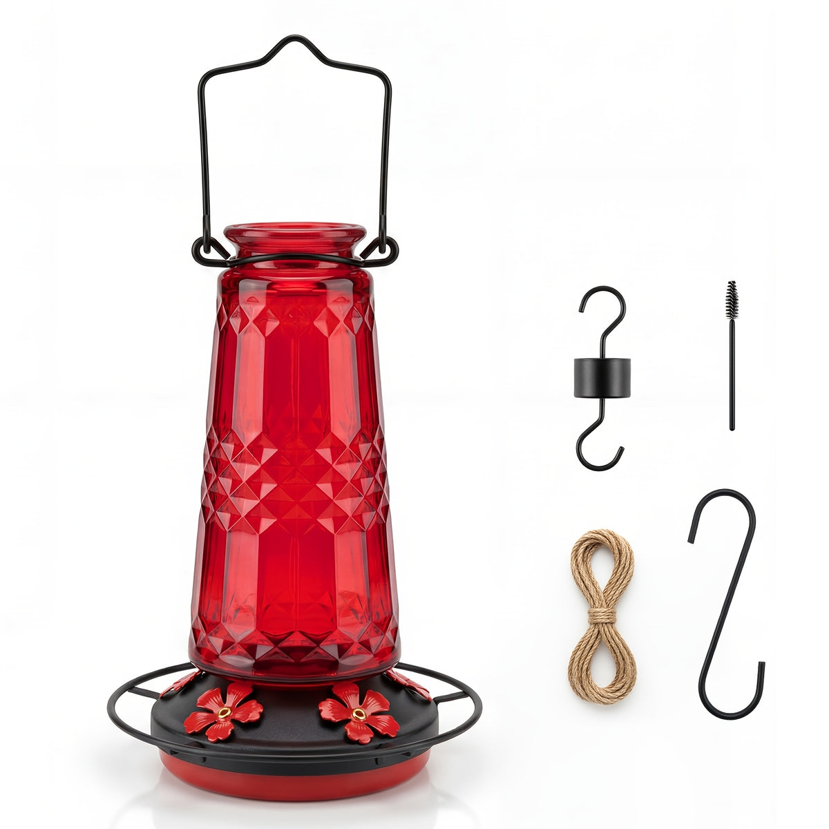 Glass Hummingbird Feeder 24oz by Kingsyard, Outdoor Hanging Nectar Feeder with 6 Feeding Ports and Ant Moat, Four Colors in Single or Two-Pack Options