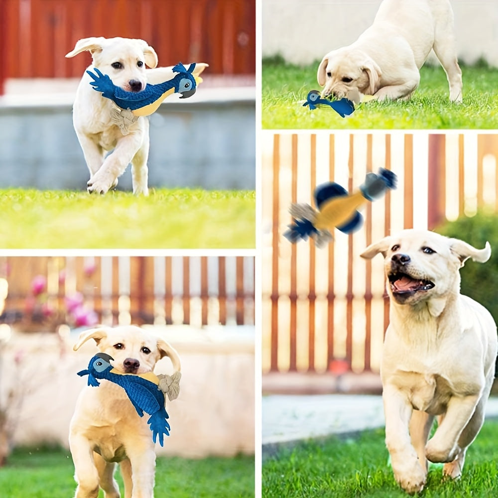 Squeaky Parrot Dog Toy with Rope, Blue Crowned Bird Plush Companion for Supervised Gentle Tug, Interactive Indoor Play and Dog Birthday Gifts