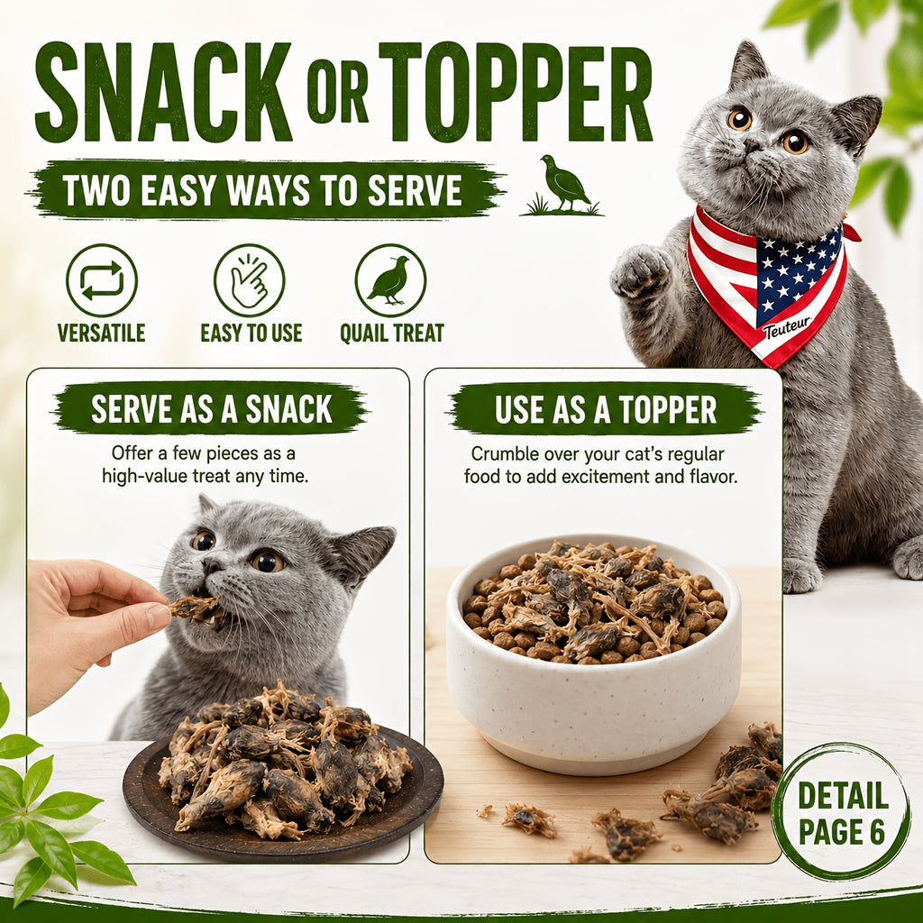 Freeze Dried Quail Cat Treats, Crunchy Single-Ingredient Pet Snacks for Cats and Dogs, Bite-Size Morsels for Supervised Treat Time and Training Rewards