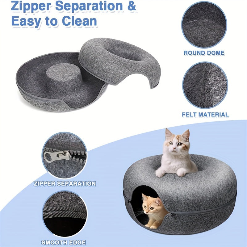 Cat Cave Tunnel Bed with Pom-Pom Ball, All-Season Donut Hideaway for Indoor Cat Rest and Play, 20 or 24 Inch Options in Dark Gray and Light Gray