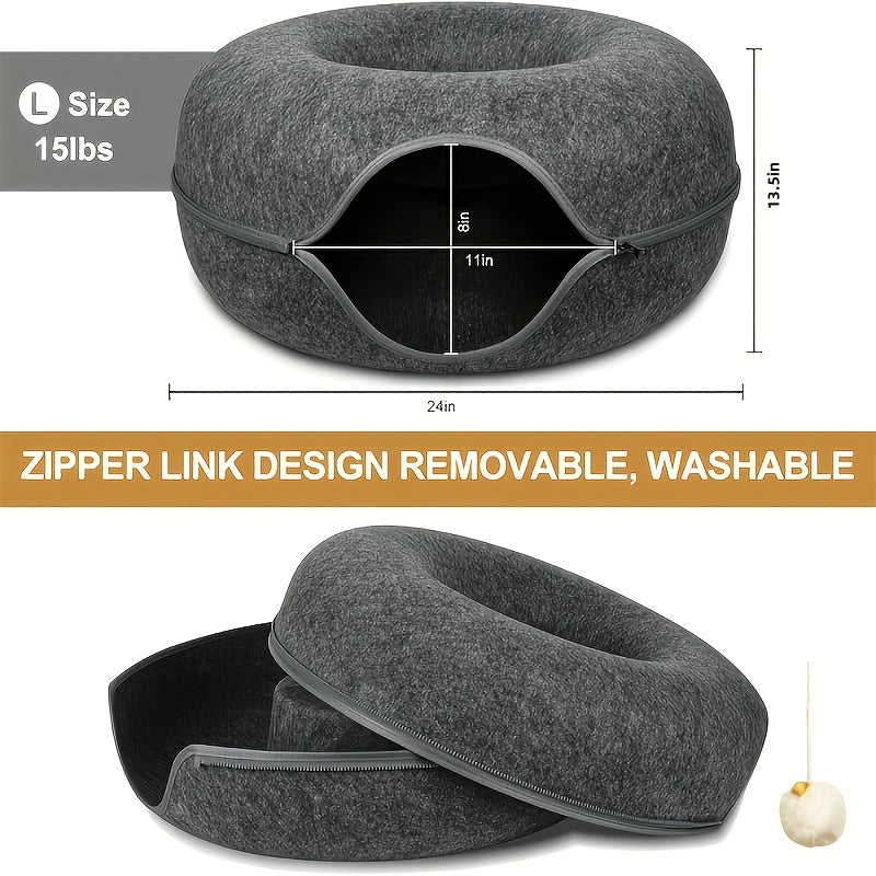Cat Cave Tunnel Bed with Pom-Pom Ball, All-Season Donut Hideaway for Indoor Cat Rest and Play, 20 or 24 Inch Options in Dark Gray and Light Gray