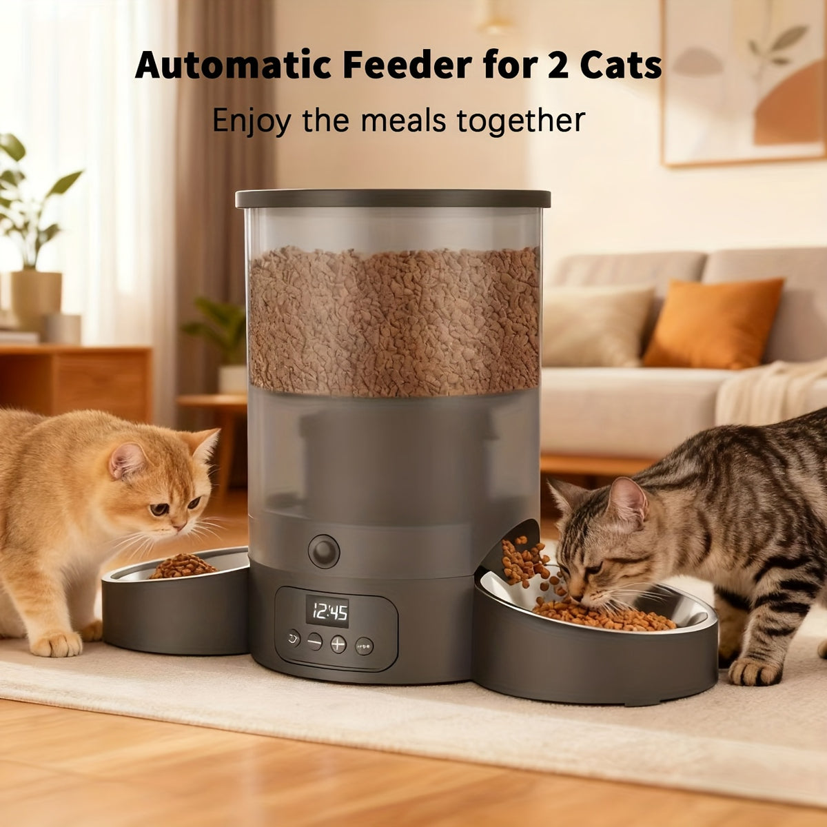 Dual Bowl Automatic Cat Feeder 3L, Button-Control Timed Food Dispenser with 1-6 Daily Feedings and 1-12 Portions per Meal, White for Cats and Dogs