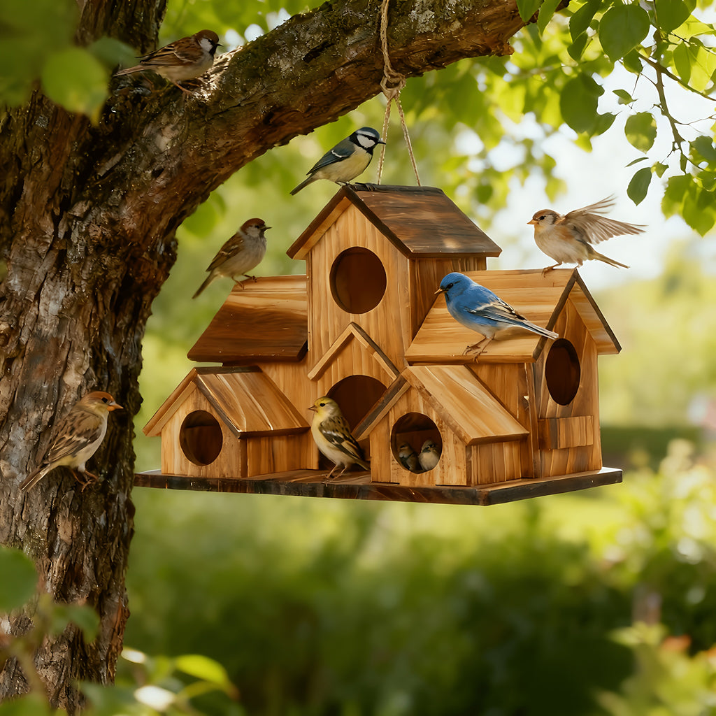 Rustic Outdoor Birdhouse in Dark Brown, Wooden Country Cottage Design with Multiple Entry Openings and Pitched Roofs for Garden and Yard Decor