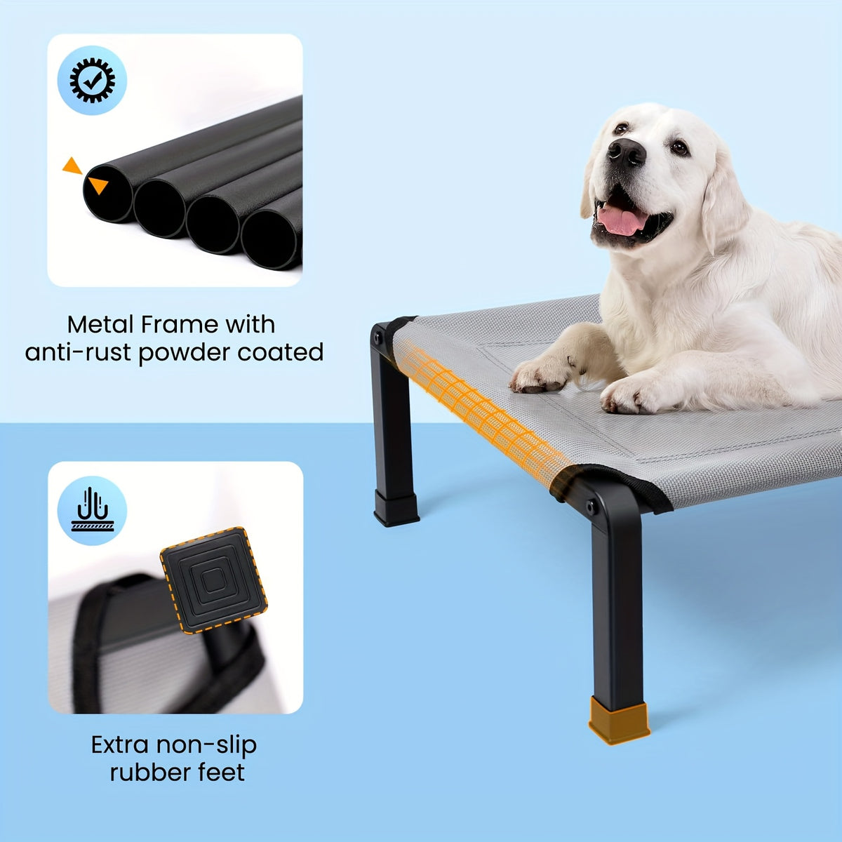 Outdoor Dog Cot with Textilene Mesh, Elevated Pet Bed in 26, 42 and 60 Inch Sizes with Iron Frame and Non-Slip Feet for Patio and Camping
