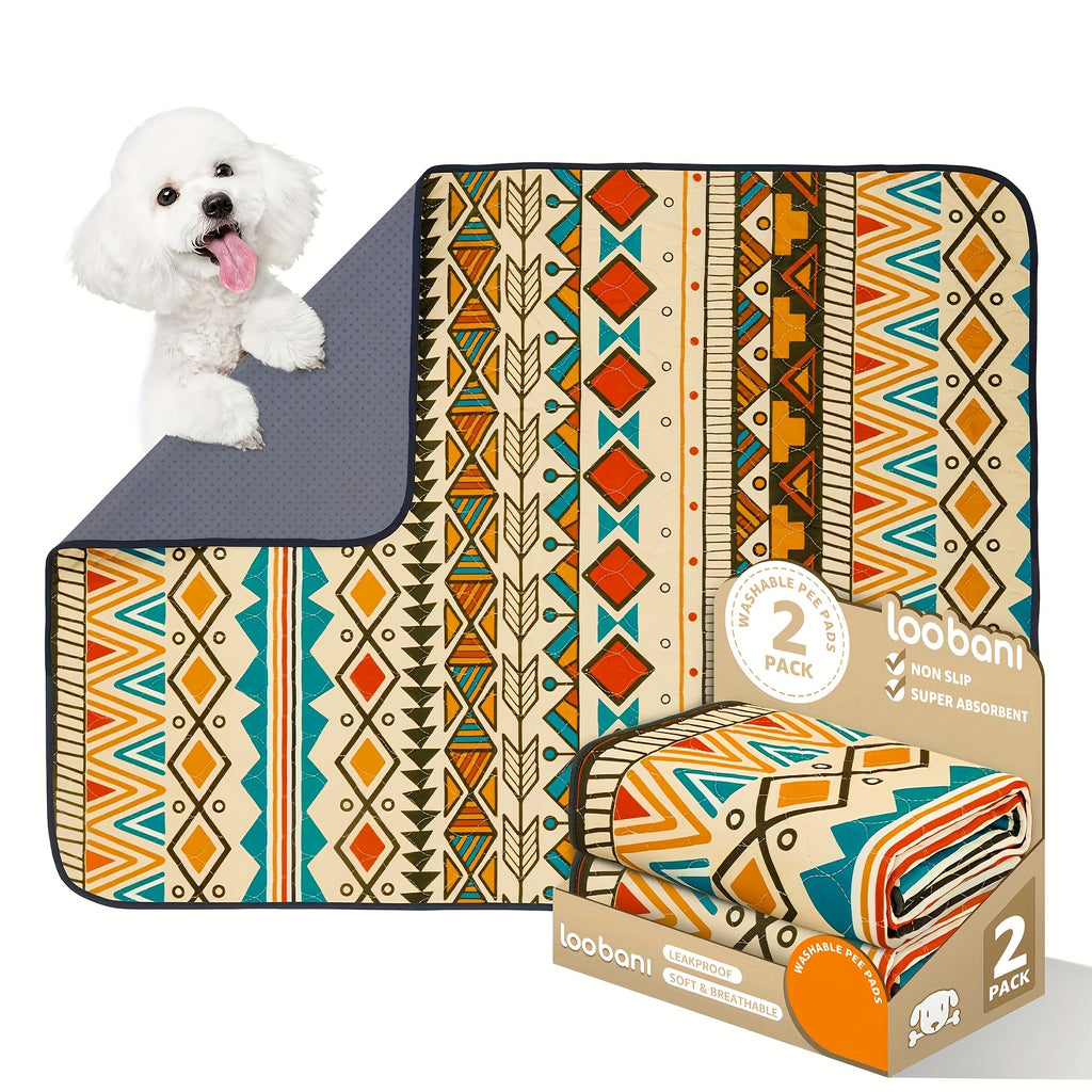 Dog Pee Pads with Retro Tribal Print, 2 Pack Washable Leakproof Puppy Training Mats with Non-Slip Backing for Crates, Playpens and Floors