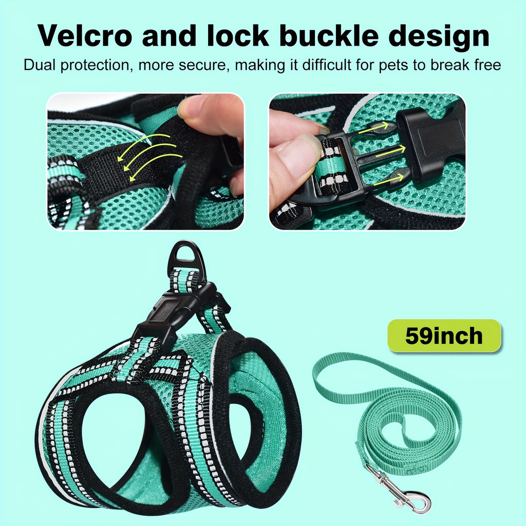 Cat Harness and Leash Set with Reflective Strip, Adjustable Soft Vest for Supervised Kitten and Cat Walks, S or M in Five Color Options