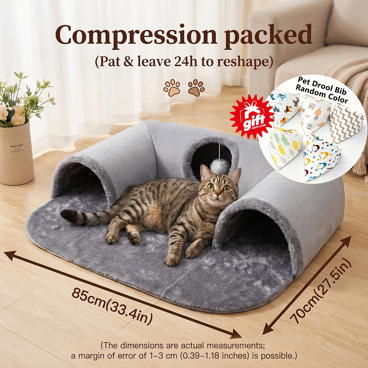 Detachable Cat Tunnel Bed with Plush Lounge and Hanging Pom-Pom Ball, S and M Indoor Cat Nest with Optional Glow-in-the-Dark Stars and Moon