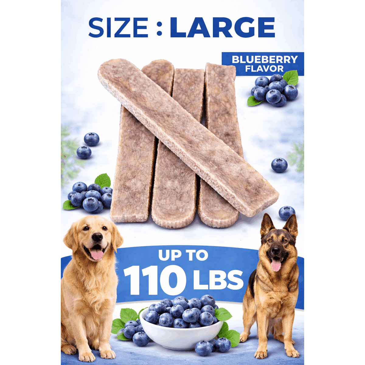 Yak Cheese Chews for Dogs, Blueberry Himalayan Dog Treats with Yak Milk and Lime, Grain-Free High-Protein Firm Chews for Medium and Large Dogs