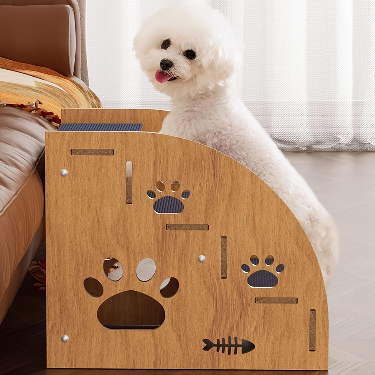 Wooden Pet Stairs with Paw Cutouts, 3-Tier Non-Slip Dog and Cat Steps for Suitable Bed and Sofa Heights, Indoor Furniture Access Ladder for Home Use