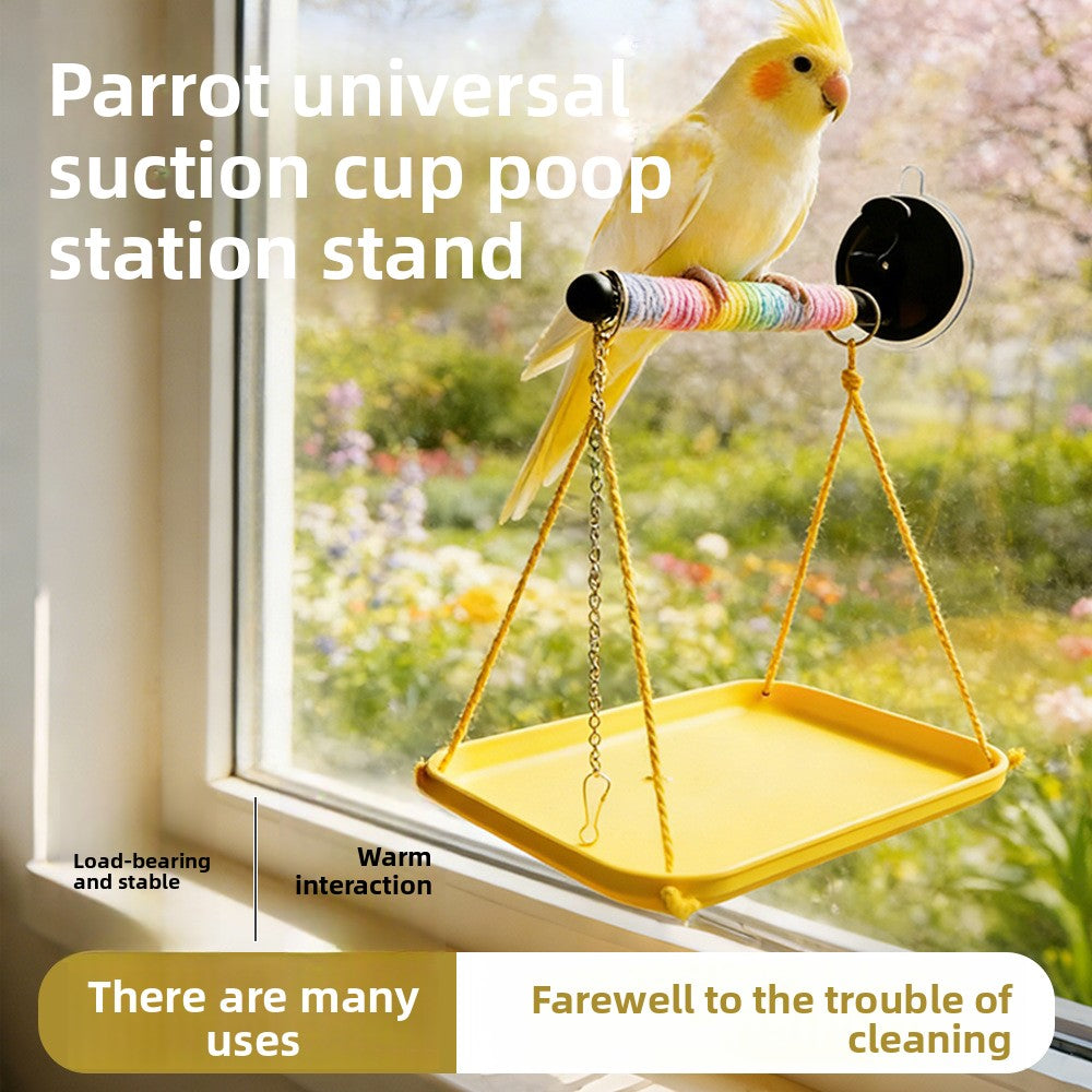 Bird Window Perch with Suction Cup, Parrot Stand with Waste Tray and Anti-Fly Chain, 3-Piece Set for Budgies, Parakeets and Cockatiels