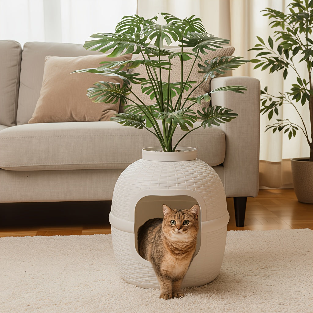 Hidden Litter Box with Plant and Rattan Pattern, Waterproof PP Cat Litter Furniture for Indoor Homes, Easy Assembly and Cleaning, Brown or OW