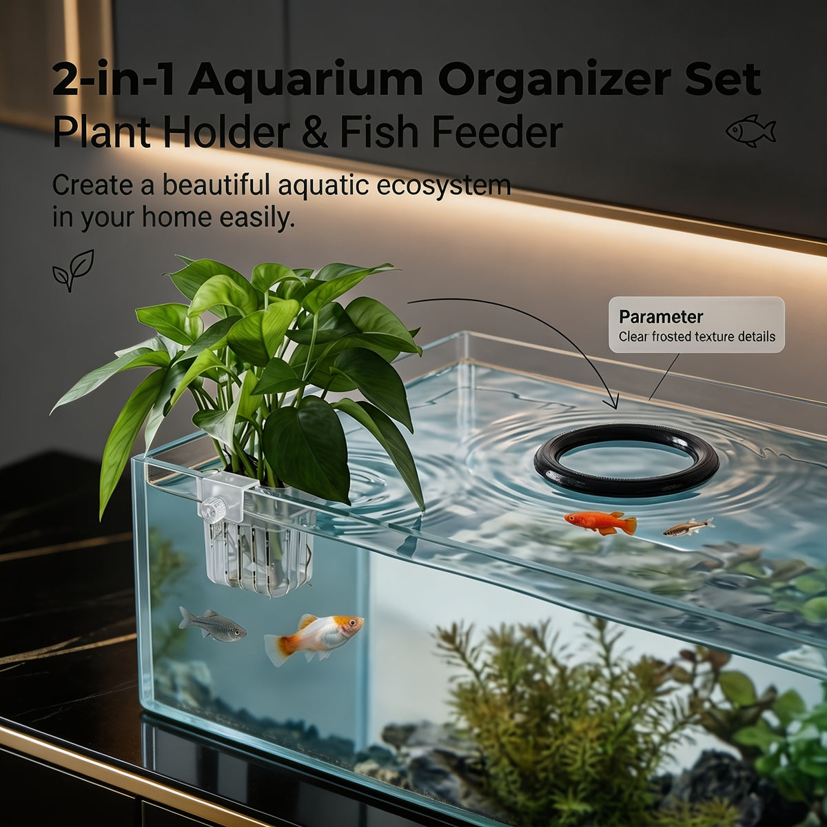 Aquarium Plant Holder Set with Floating Feeding Ring, 3-Piece Fish Tank Accessory Kit with 2 Top-Hanging Aquatic Plant Baskets and Hook Openings