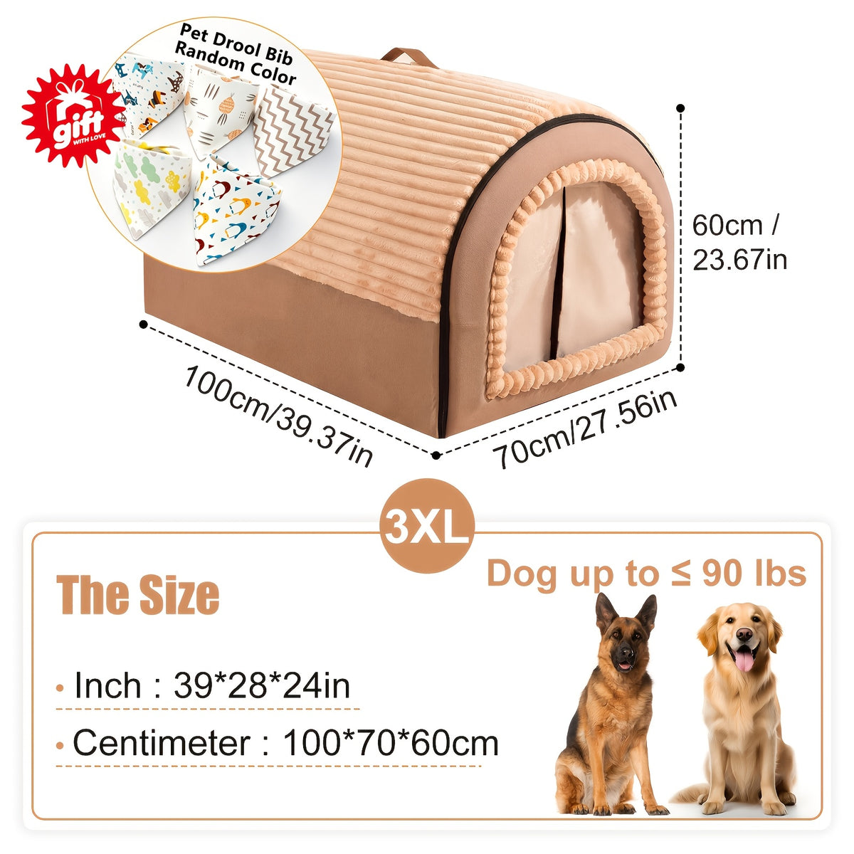 Foldable Indoor Dog House with Lid and Handle, 2-in-1 Brown Pet Tent Cave Bed with Soft Anti-Slip Washable Cushion for Dogs and Cats