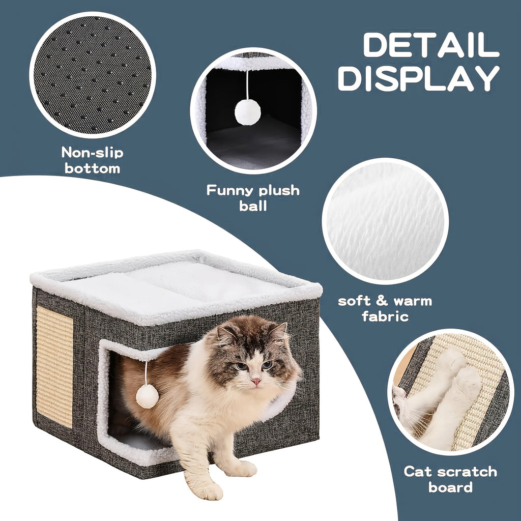 Cat House Cube with Scratching Panel, Foldable Gray Indoor Cat Bed with Top Lounge, Cozy Hideaway, Soft Cushion and Hanging Toy Ball