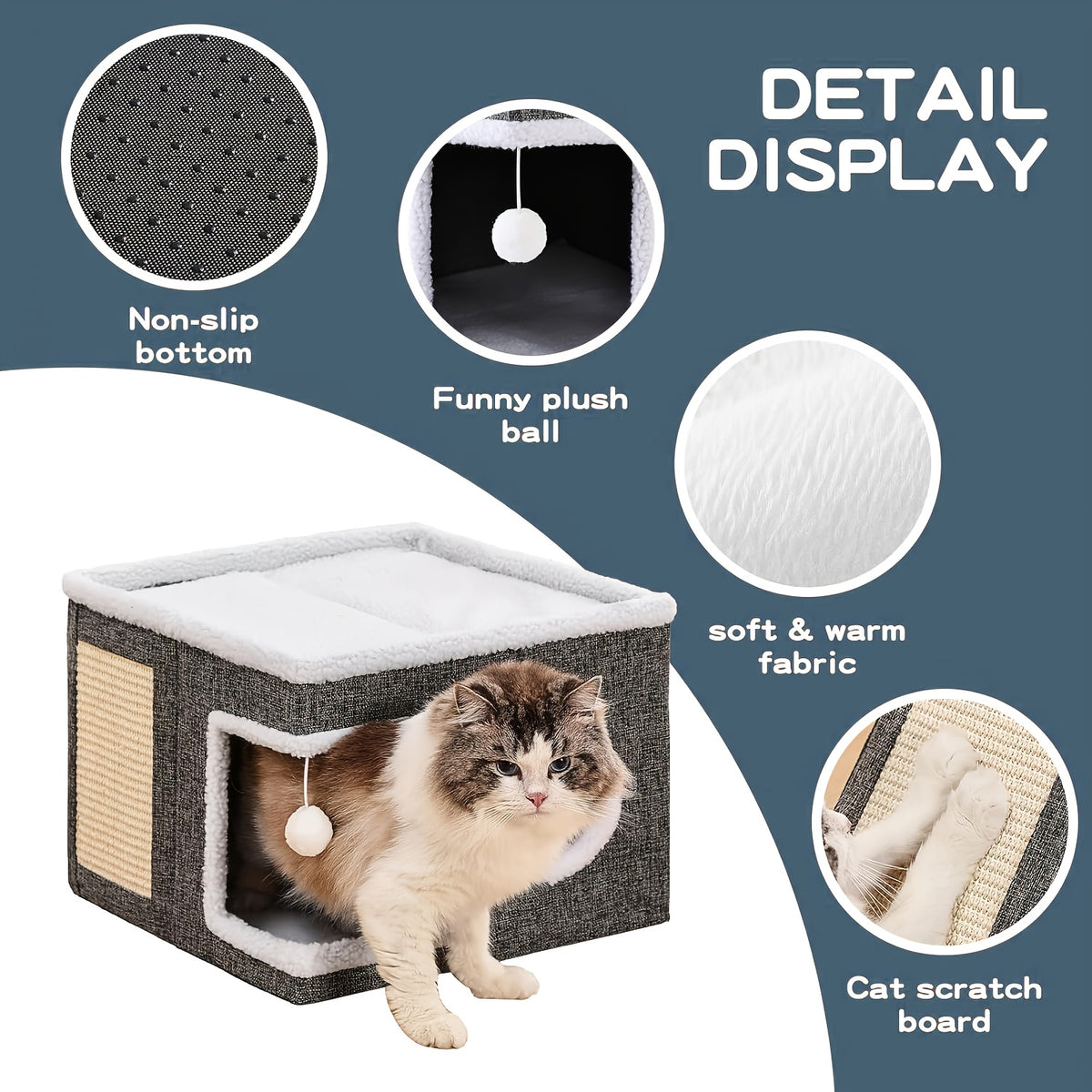 Cat House Cube with Scratching Panel, Foldable Gray Indoor Cat Bed with Top Lounge, Cozy Hideaway, Soft Cushion and Hanging Toy Ball