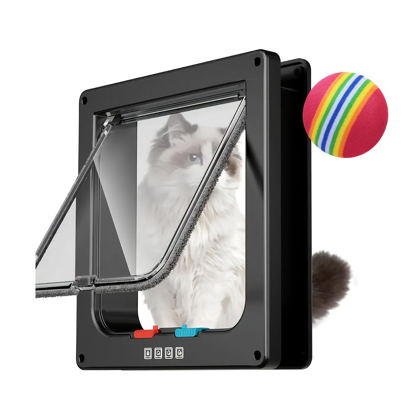 Cat Door with 4-Way Lock, Weatherproof Pet Flap for Cats and Dogs with Bonus Rainbow Ball Toy, M L XL Sizes in White, Black or Coffee