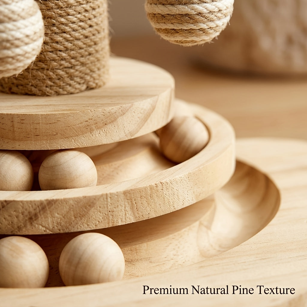Kitten Scratching Post with Wooden Ball Track, Rope-Wrapped Indoor Cat Activity Toy with Hanging Balls and Feather Teaser, Post and DIY Accessory Options