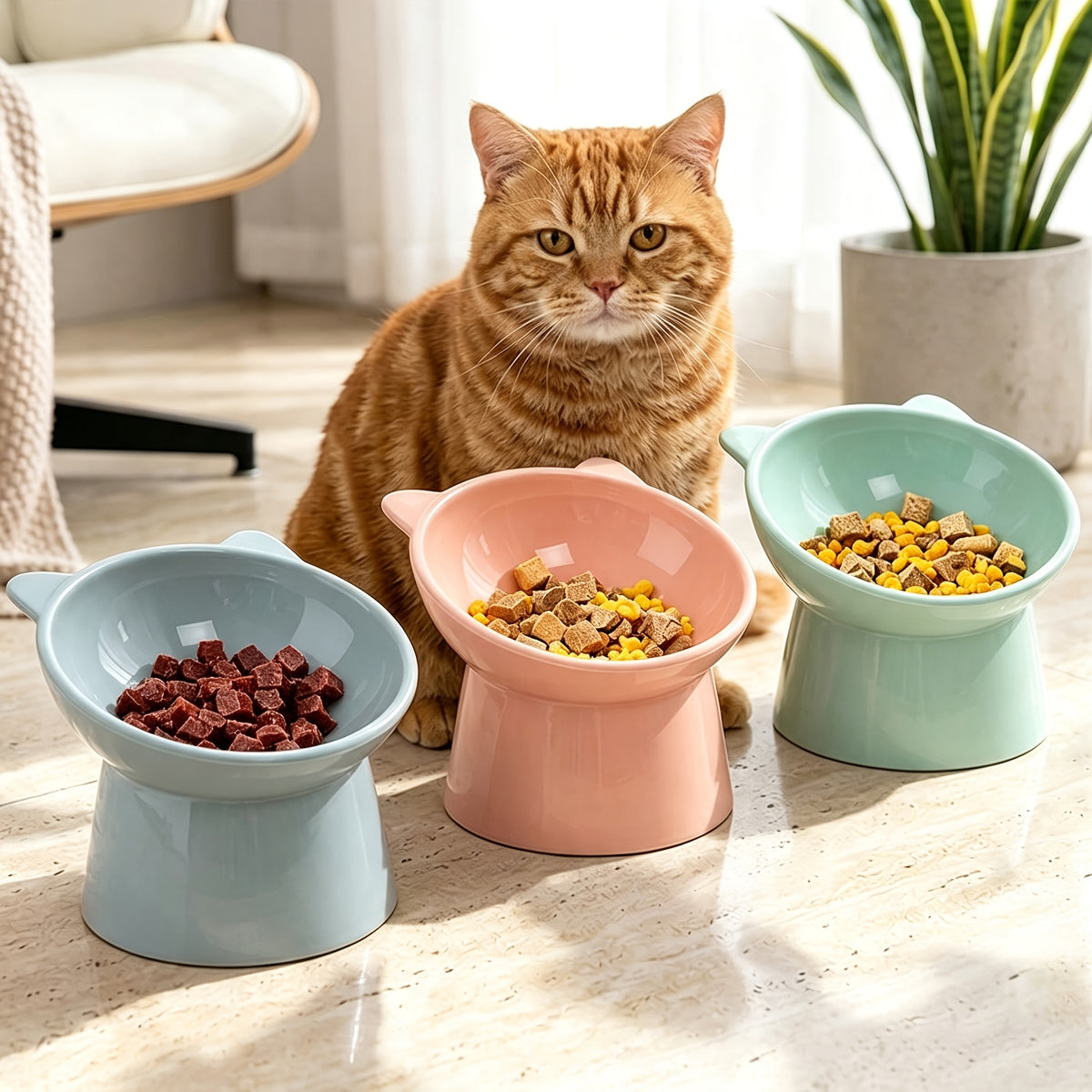 Raised Cat Bowls 3-Piece Color Set, Cat-Ear Shaped Elevated Pet Feeding Dishes with Anti-Slip Base in Blue, Pink and Green for Everyday Meals