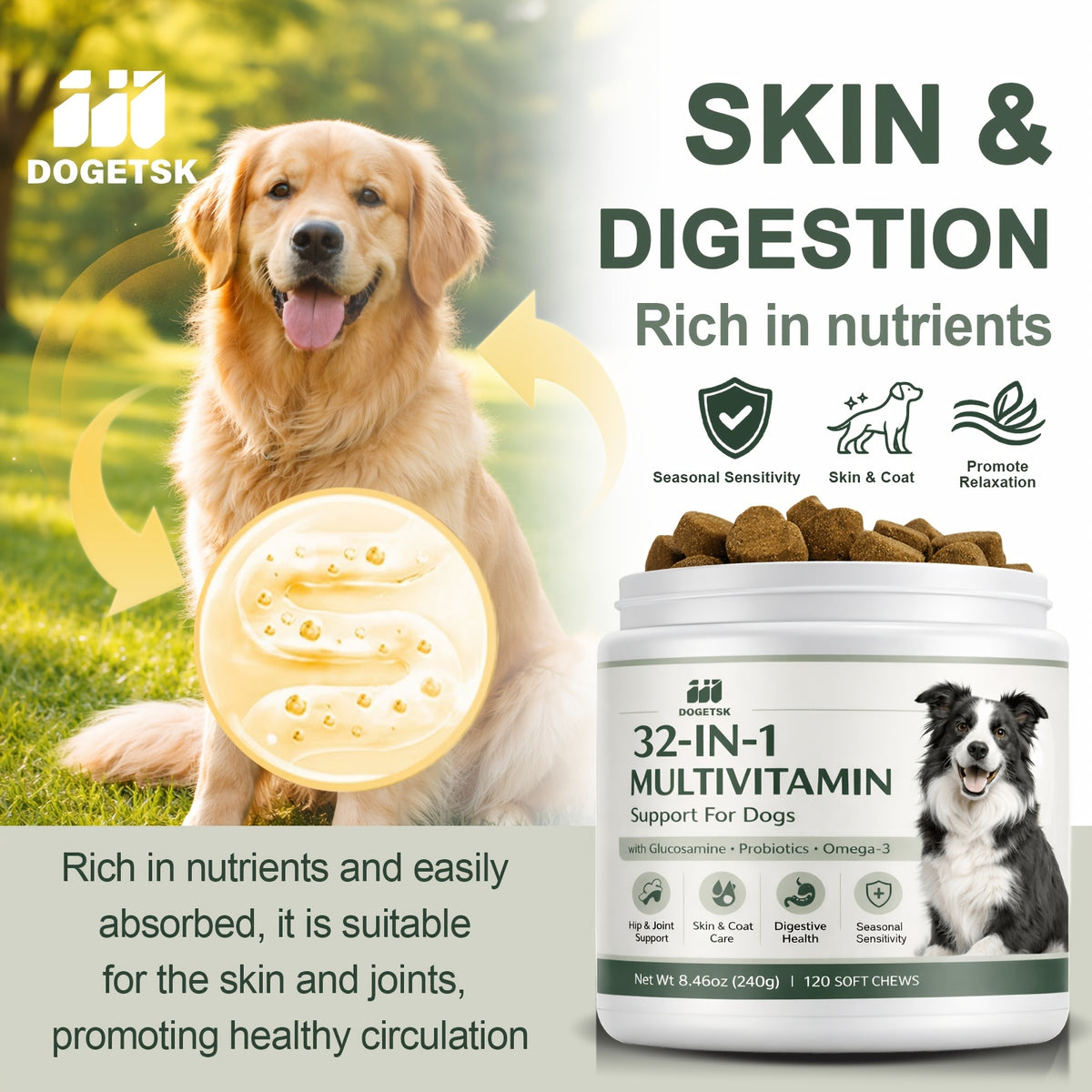 Dog Vitamin Soft Chews, 32-in-1 Daily Supplement with Probiotics and Omega-3, 120 Count for Canine Wellness and Joint Support