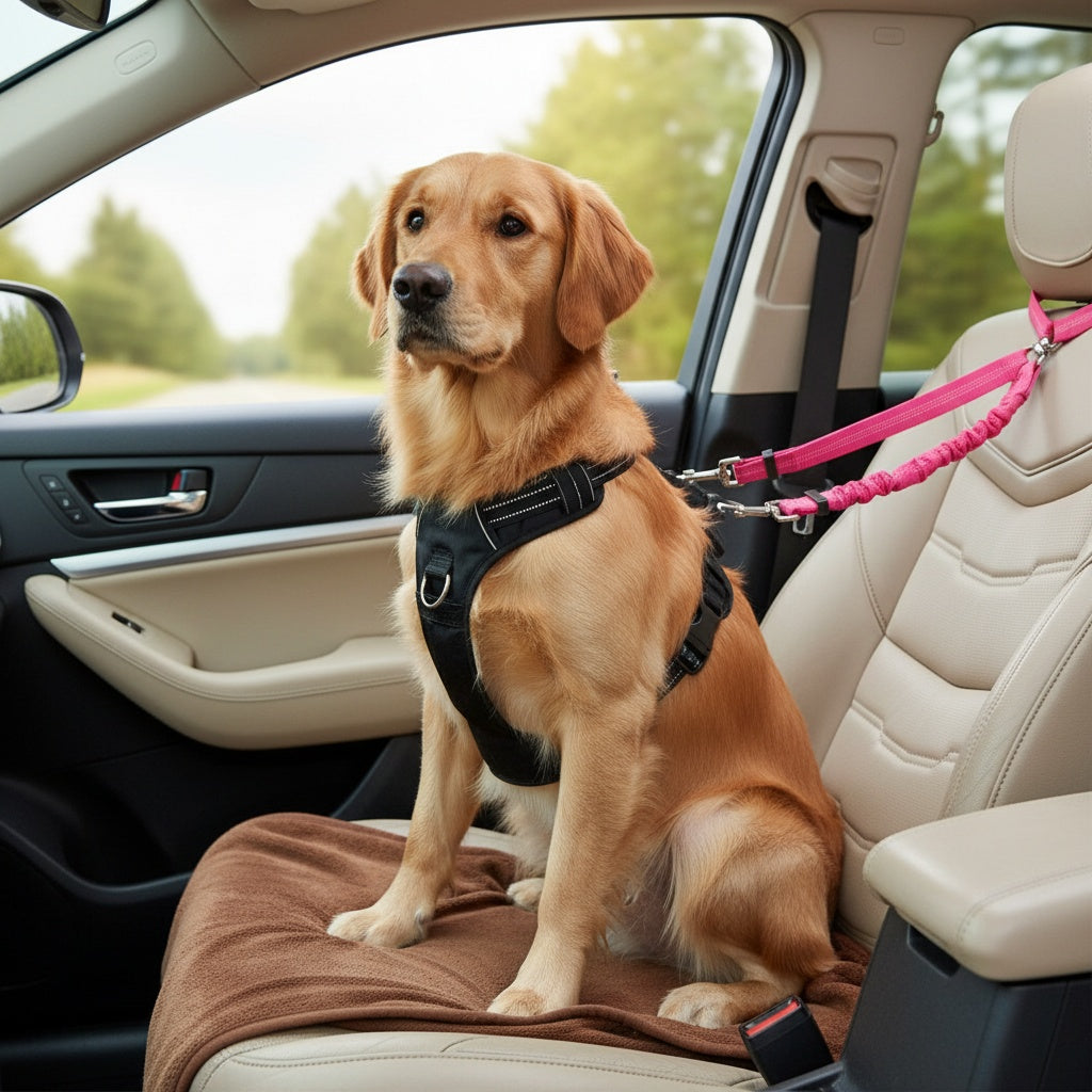 Dual Dog Car Seat Belt with Adjustable Headrest Loop, Two Bungee Tether Straps and Metal Clips for Two-Dog Travel in Red, Rose Red or Black