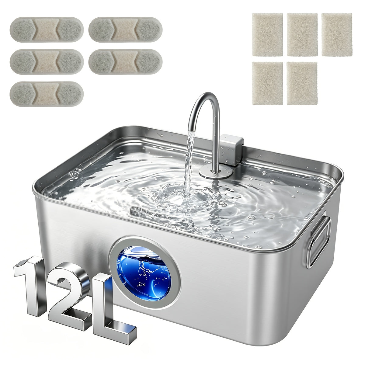Stainless Steel Dog Water Fountain 12L 3.2 Gal for Large Dogs and Multi-Pet Homes, Ultra Quiet Pet Water Dispenser with Water Level Window, Dry Burn Protection and Red Blue Indicator Lights, Easy to Clean, Without Battery
